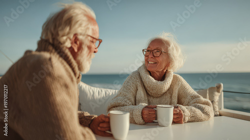 young man enjoys cup of herbal tea deeply relaxing against clear blue sky