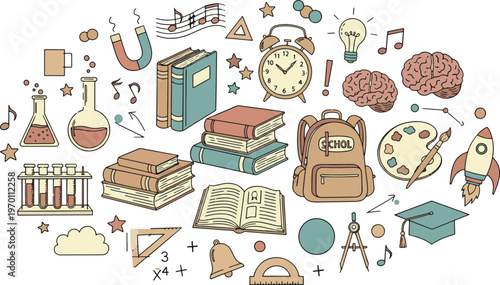 Education and science research elements featuring school supplies books lab equipment and creative learning icons hand drawn vector illustration doodle art