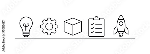 Innovation process and product development lifecycle for transforming ideas into market-ready solutions in a structured workflow, light bulb, gear