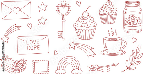 Romantic Valentines Day collection with heart envelope cupcake coffee rainbow and celestial elements in a hand drawn vector illustration doodle art
