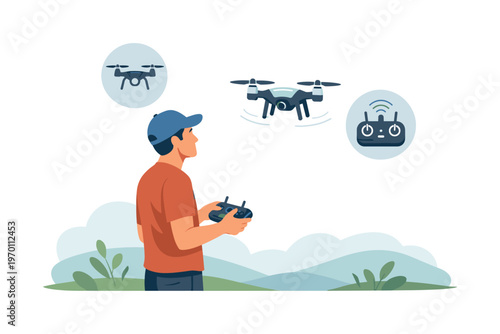 A drone flying scene where a person controls a small device in an open outdoor area with attention to direction and stability, a drone and a remote