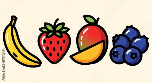 Fresh fruit colorful cartoon illustration.