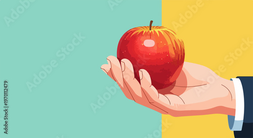 Hand holding red apple vector illustration, offering fresh fruit concept for healthy eating and nutrition. for branding, packaging, banner, poster, website header, and social media design use