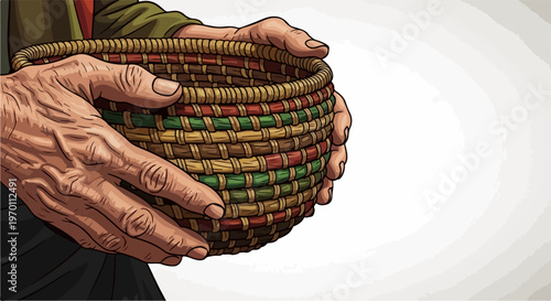 Elderly hands holding woven basket, representing charity and giving, with a focus on generosity and support. Concept of donation and community aid.