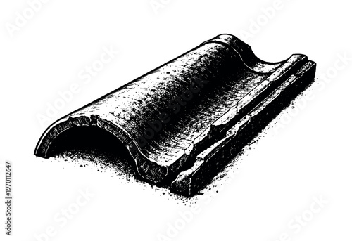 A cracked clay roof tile shown in side view, slightly angled so the curved profile and broken edge are visible, filling most of the frame with a