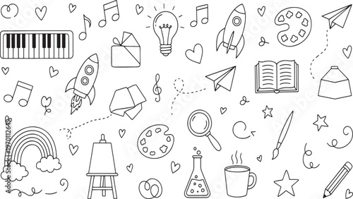 Educational creativity and science hobby objects with music instruments and space rocket elements in hand drawn vector illustration doodle art