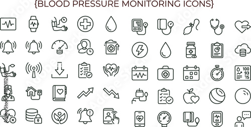 Blood pressure monitoring outline icon set with hypertension tracking cardiology health measurement symbols for healthcare apps dashboards interfaces