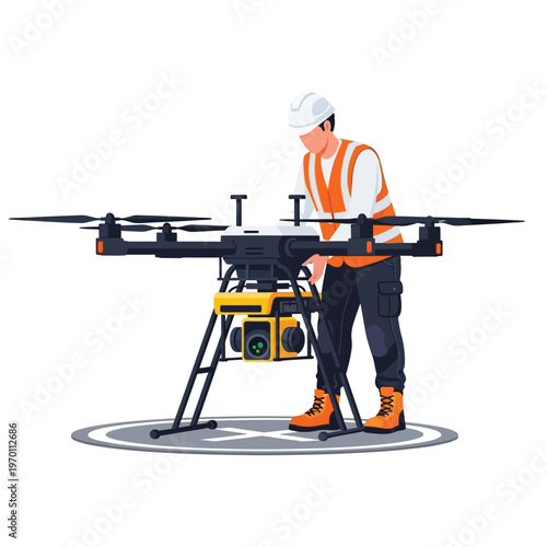 Person in safety gear inspecting a large drone on a landing pad, aerial technology inspection