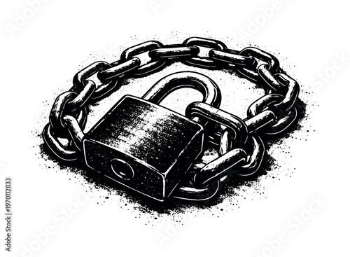 A heavy-duty padlock with chain shown in a partially coiled arrangement, viewed from slightly above so the lock body and interlinked chain fill most