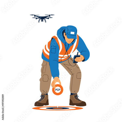 Drone operator in safety vest controls flying drone with remote controller, preparing for takeoff