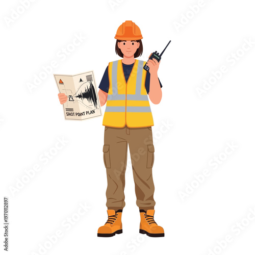 Construction worker holding a blueprint and radio, wearing a hard hat and safety vest