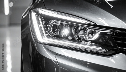 Close-up of a modern car headlight with led lights illuminated in a black and white studio setting with head light with car parts with auto industry with energy efficient