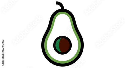 A vibrantly designed graphic illustration features a freshly cut avocado fruit, perfectly halved to reveal its distinct dark brown pit, symbolizing healthy eating, natural ingredients, and wholesome d