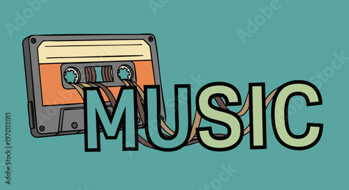A classic old-school cassette tape with its magnetic ribbon playfully forming the word "MUSIC" in a nostalgic, retro style, symbolizing vintage audio entertainment and the enduring love for analog sou