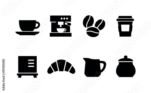 Coffee shop items: coffee cup, espresso machine, coffee beans, takeaway cup, menu board, pastry croissant, milk pitcher, sugar jar