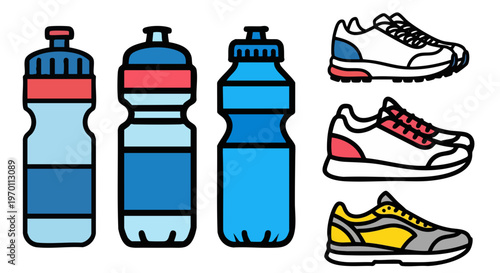 A vibrant collection of essential fitness gear featuring a diverse array of colorful water bottles and various styles of athletic running shoes, perfect for illustrating health, sports, exercise, and 