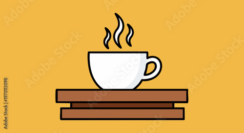 A charming flat design illustration depicting a steaming hot beverage in a pristine white ceramic cup, elegantly positioned on a minimalist wooden coaster, set against a warm and inviting orange backg