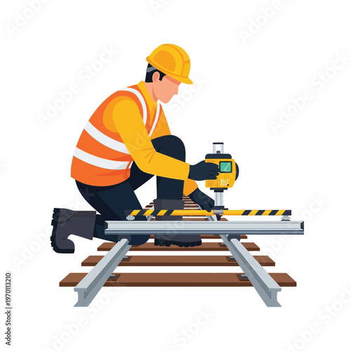 Construction worker in safety gear using measuring equipment on railway tracks, precision measurement for infrastructure development
