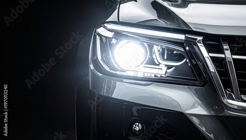 Powerful led car headlight with daytime running lights illuminated, showcasing advanced automotive design in a studio, head light, car parts, auto industry, black and white