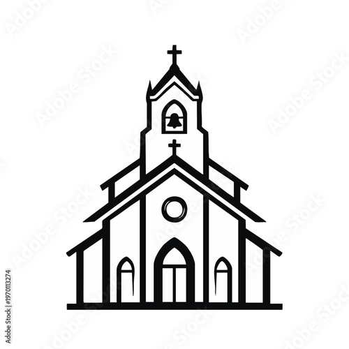 Church building outline with bell tower. Religious architecture and faith concept. Minimalist line art vector icon isolated on transparent background