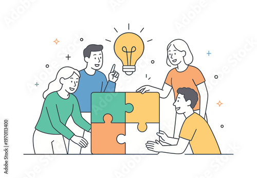 A collaborative problem solving and solution finding scene featuring a small group working together around a large puzzle and a lightbulb, using a