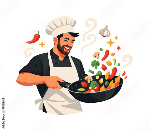 Single-character moment illustration of a male chef in a white apron tossing vegetables in a large wok, with small steam curls and spice icons