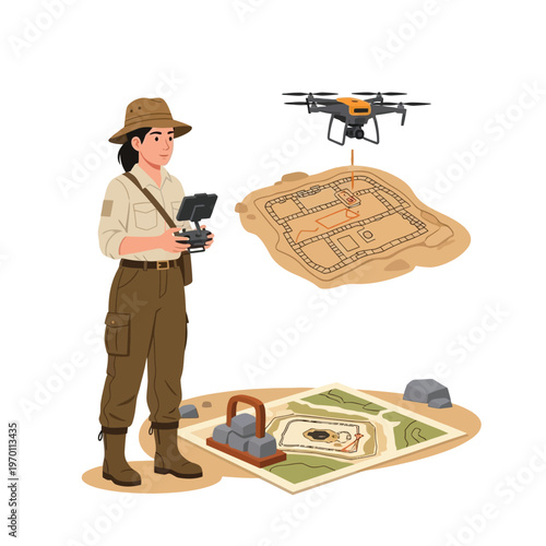 Archaeologist uses drone to survey ancient ruins and map historical site for discovery and research