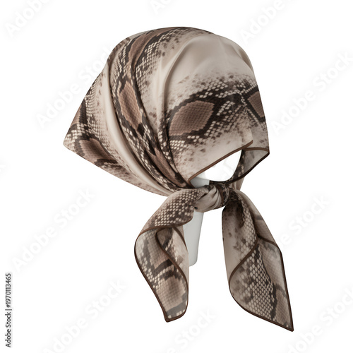 Beige snake print headscarf tied on mannequin head isolated on a transparent background