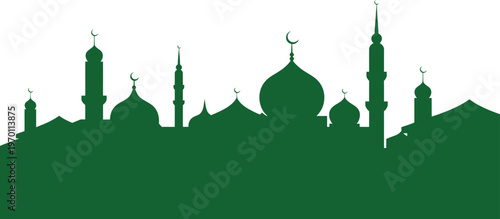 Minimalist green mosque skyline vector silhouette, Islamic culture