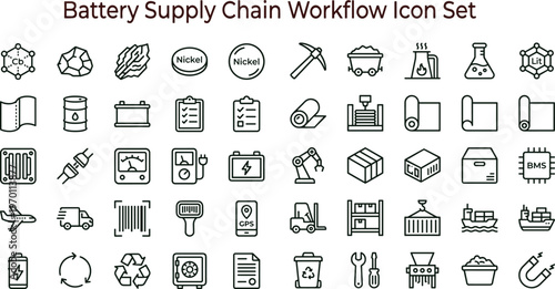 Battery supply chain workflow outline icon set featuring materials mining logistics manufacturing recycling symbols for energy apps websites dashboards presentations interface design