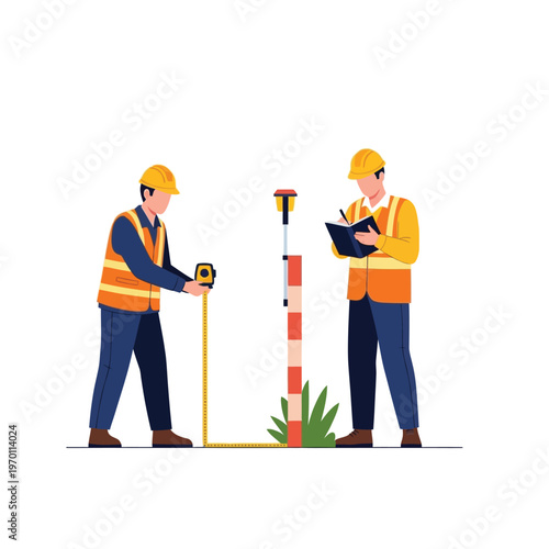 Surveyors using measuring equipment and taking notes on a construction site, vector illustration