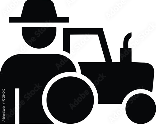Farmer and tractor icon silhouette with a black silhouette icon of a farmer