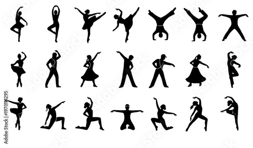 Dance Silhouette Icons Vector Collection Black Human Figures Ballet Hip Hop Ballroom Set