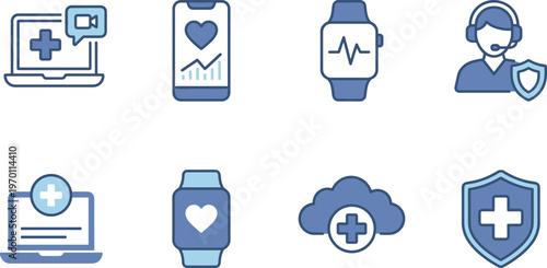 Healthcare medical icon set vector telemedicine health app wearable smartwatch doctor online consultation modern flat illustration pack