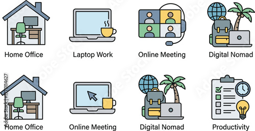 Remote work icon set vector home office digital nomad online meeting laptop productivity freelance flat design modern illustration pack