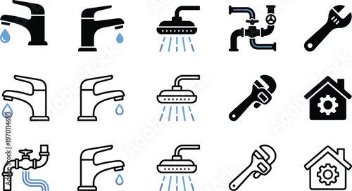 Plumbing icon set vector water tap shower pipe wrench repair service home maintenance flat design modern illustration collection pack