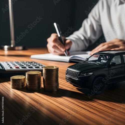 Person meticulously calculating car expenses and budgeting for future vehicle ownership or loan payments, symbolizing financial planning