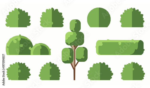 Flat green bush and shrub vector set with modern garden vegetation icons for landscape and outdoor design