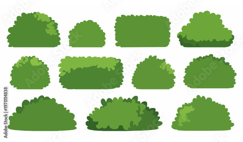 Cute cartoon garden shrub and hedge vector set with lush green bushes for park landscape and outdoor decoration