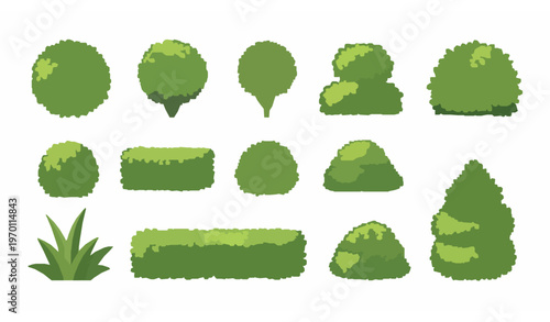 Cartoon garden bushes vector set with green shrubs hedge plants and decorative park landscape elements