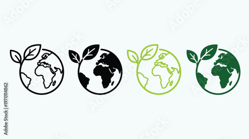 Earth Nature Care Line and Silhouette Icon Set. Ecology Planet and Leaf Pictogram. Eco Globe Green World with Plant Symbol Collection on White Background. Isolated Vector Illustration