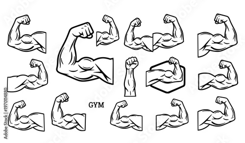 Strong arm muscle outline vector set with flexed biceps gym strength icons and bodybuilding logo elements