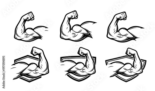 Powerful bicep muscle logo vector set with strong arm strength icons and bodybuilding gym emblem designs