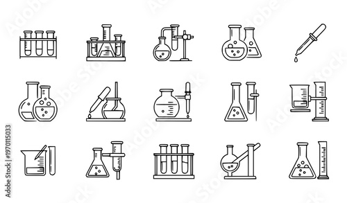 Chemistry and laboratory equipment line icons vector set with beakers test tubes flasks and medical glassware