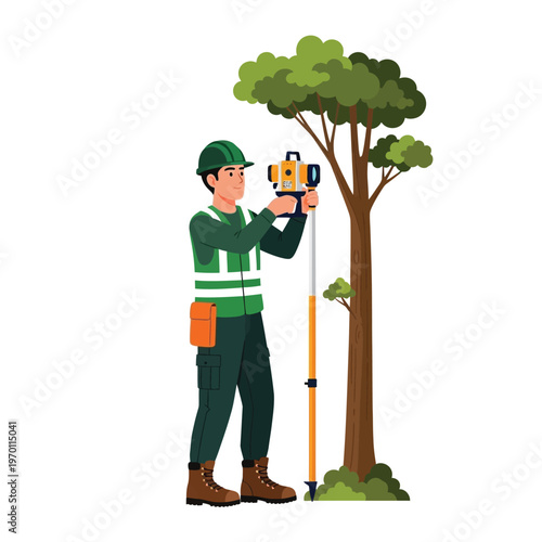 Surveyor operating surveying equipment next to a tree