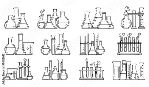 Science laboratory line icons vector set with beakers flasks test tubes and pharmacy glassware illustrations