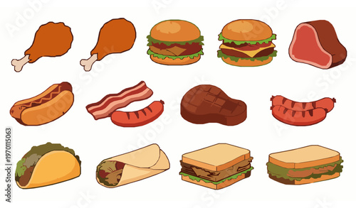 Cartoon meat food vector set with fried chicken burgers steak hot dogs tacos and sandwiches illustration