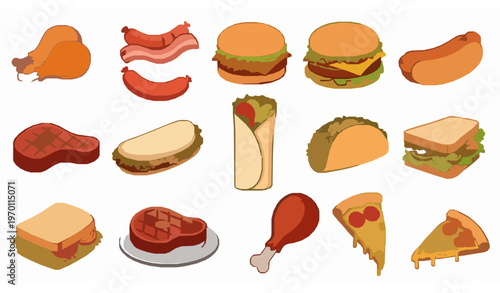 Cute cartoon meat food vector set with burgers fried chicken steaks tacos burritos and sandwiches illustrations