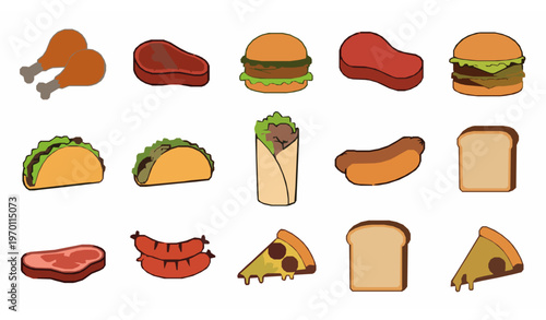 Flat cartoon meat and fast food vector set with grilled steak burgers tacos sandwiches and fried chicken icons