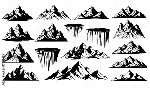 Mountain silhouette vector set with rocky peaks hills cliffs and abstract landscape contour illustrations